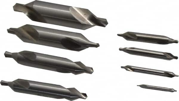 Chicago-Latrobe - 8 Piece, #1 to 8, 1/8 to 3/4" Body Diam, 3/64 to 5/16" Point Diam, Plain Edge, High Speed Steel Combo Drill & Countersink Set - 60° Incl Angle, 1/8 to 3-1/2" OAL, Double End, 217 Series Compatibility - Benchmark Tooling