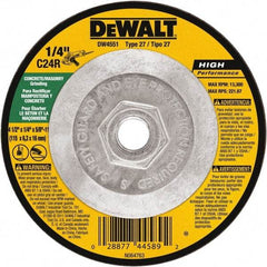 DeWALT - 24 Grit, 4-1/2" Wheel Diam, 1/4" Wheel Thickness, Type 27 Depressed Center Wheel - Silicon Carbide, Resinoid Bond, 13,300 Max RPM - Benchmark Tooling