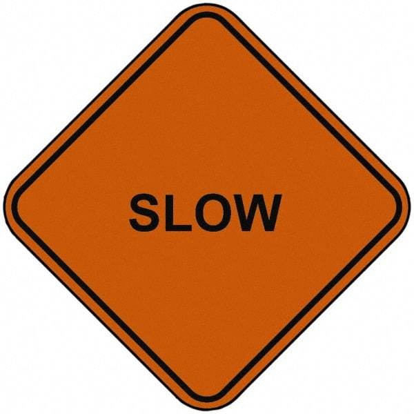 PRO-SAFE - "Slow", 48" Wide x 48" High, Nylon Construction Roadway Signs - Orange, Square, Sign Stand Mount - Benchmark Tooling