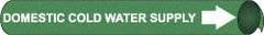 NMC - Pipe Marker with Domestic Cold Water Supply Legend and Arrow Graphic - 1-1/8 to 2-3/8" Pipe Outside Diam, White on Green - Benchmark Tooling