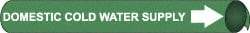 NMC - Pipe Marker with Domestic Cold Water Supply Legend and Arrow Graphic - 10 to 10" Pipe Outside Diam, White on Green - Benchmark Tooling