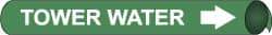 NMC - Pipe Marker with Tower Water Legend and Arrow Graphic - 2-1/2 to 3-1/4" Pipe Outside Diam, White on Green - Benchmark Tooling
