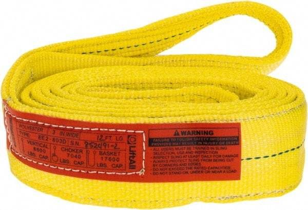 Lift-All - 12' Long x 3" Wide, 8,600 Lb Vertical Capacity, 2 Ply, Polyester Web Sling - 6,900 Lb Choker Capacity, Yellow - Benchmark Tooling