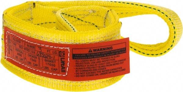 Lift-All - 3' Long x 3" Wide, 8,600 Lb Vertical Capacity, 2 Ply, Polyester Web Sling - 6,900 Lb Choker Capacity, Yellow - Benchmark Tooling