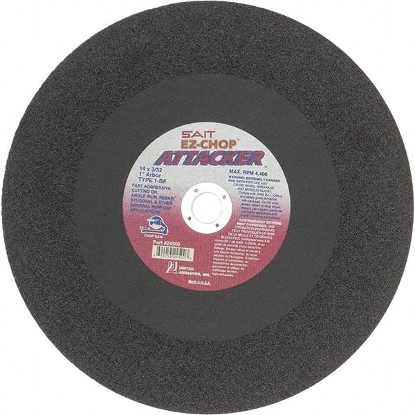 Sait - 14" Aluminum Oxide Cutoff Wheel - 3/32" Thick, 1" Arbor, 4,400 Max RPM, Use with Chop Saws - Benchmark Tooling