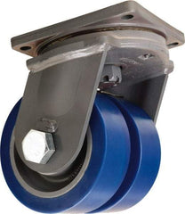 Hamilton - 8" Diam x 3" Wide x 11" OAH Top Plate Mount Dual Swivel Caster - Polyurethane Mold on Forged Steel, 7,000 Lb Capacity, Tapered Roller Bearing, 8-1/2 x 8-1/2" Plate - Benchmark Tooling