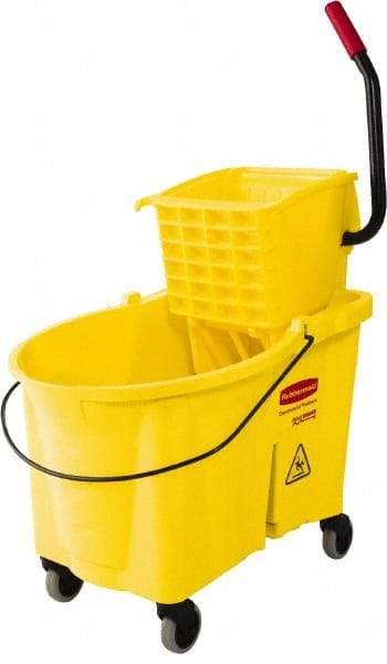 Rubbermaid - 44 Qt Plastic Bucket & Wringer - 26.3333" Long x 38-1/8" High x 18-1/8" Wide, Yellow - Benchmark Tooling