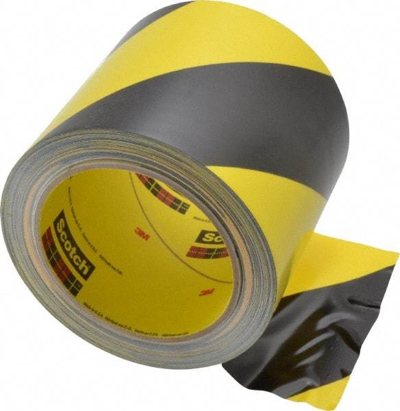 3M - Black & Yellow Striped Vinyl Tape - 4" Wide x 108' Long x 5.4 mil Thick, General Traffic - Benchmark Tooling