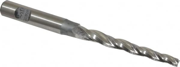 Made in USA - 1.5° Taper Angle per Side, 3/16" Small End Diam, 2-1/4" LOC, High Speed Steel 3 Flute Tapered Square End Mill - 4-1/4" OAL, 3/8" Shank Diam, Spiral Flute - Benchmark Tooling