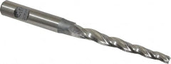 Made in USA - 1.5° Taper Angle per Side, 3/16" Small End Diam, 2-1/4" LOC, High Speed Steel 3 Flute Tapered Square End Mill - 4-1/4" OAL, 3/8" Shank Diam, Spiral Flute - Benchmark Tooling