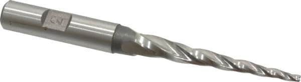 Made in USA - 3° Taper Angle per Side, 3/32" Small End Diam, 2" LOC, High Speed Steel 3 Flute Tapered Square End Mill - 3-3/4" OAL, 3/8" Shank Diam, Spiral Flute - Benchmark Tooling