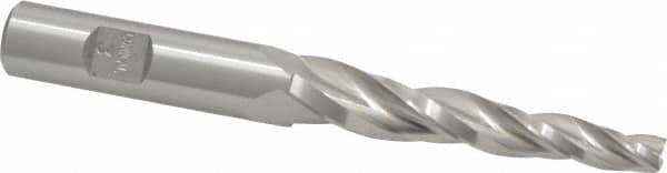 Made in USA - 3° Taper Angle per Side, 1/4" Small End Diam, 2-1/4" LOC, High Speed Steel 3 Flute Tapered Square End Mill - 4-1/4" OAL, 1/2" Shank Diam, Spiral Flute - Benchmark Tooling
