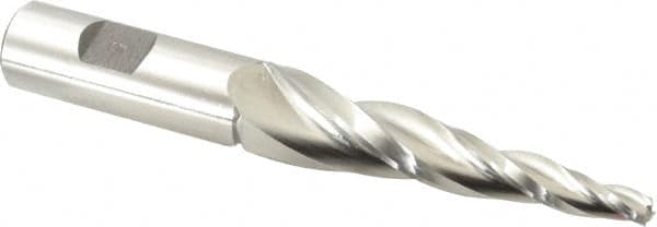 Made in USA - 5° Taper Angle per Side, 1/4" Small End Diam, 3-1/4" LOC, High Speed Steel 3 Flute Tapered Square End Mill - 5-1/2" OAL, 3/4" Shank Diam, Spiral Flute - Benchmark Tooling