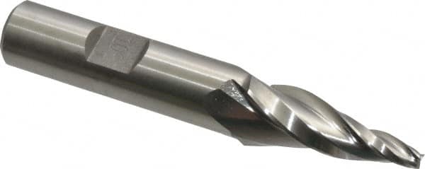 Made in USA - 10° Taper Angle per Side, 1/8" Small End Diam, 1-1/4" LOC, High Speed Steel 3 Flute Tapered Square End Mill - 3-1/4" OAL, 1/2" Shank Diam, Spiral Flute - Benchmark Tooling