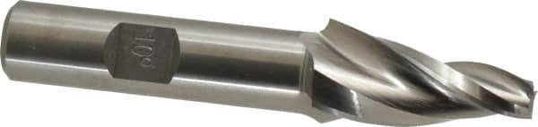 Made in USA - 10° Taper Angle per Side, 1/4" Small End Diam, 1-1/4" LOC, High Speed Steel 3 Flute Tapered Square End Mill - 3-1/4" OAL, 1/2" Shank Diam, Spiral Flute - Benchmark Tooling
