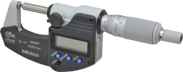 Mitutoyo - 25.4mm Max Measurement, Spherical Face Micrometer - Accuracy Up to 0.0001 Inch, Data Output, 0.0001 Inch Resolution, Electronic Operation, Ratchet Stop Thimble, IP65 Water Resistance Rating, SR44 Battery - Benchmark Tooling