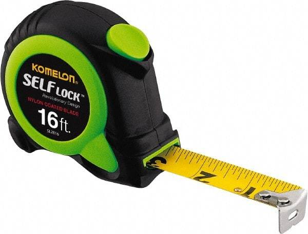 Komelon - 16' x 3/4" Yellow Steel Blade Tape Measure - 1/16" Graduation, Inch Graduation Style, High-Visibility Green/Black ABS Plastic Case - Benchmark Tooling