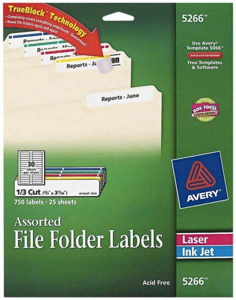 AVERY - 0.6" Wide x 3-7/16" Long, White/Blue/Green/Red/Yellow Paper File Folder Label - For Laser/Inkjet Printers - Benchmark Tooling