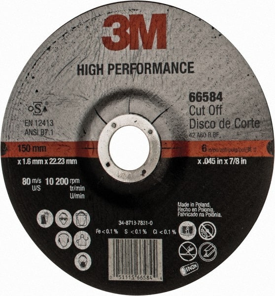 60 Grit, 6″ Wheel Diam, 7/8″ Arbor Hole, Type 27 Depressed Center Wheel Ceramic, Resinoid Bond, 10,200 Max RPM