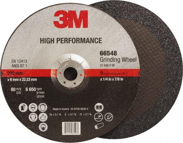 3M - 36 Grit, 9" Wheel Diam, 1/4" Wheel Thickness, 7/8" Arbor Hole, Type 27 Depressed Center Wheel - Ceramic, Resinoid Bond, 6,650 Max RPM, Compatible with Angle Grinder - Benchmark Tooling