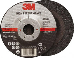 3M - 36 Grit, 4-1/2" Wheel Diam, 1/4" Wheel Thickness, 7/8" Arbor Hole, Type 27 Depressed Center Wheel - Ceramic, Resinoid Bond, 13,300 Max RPM, Compatible with Angle Grinder - Benchmark Tooling