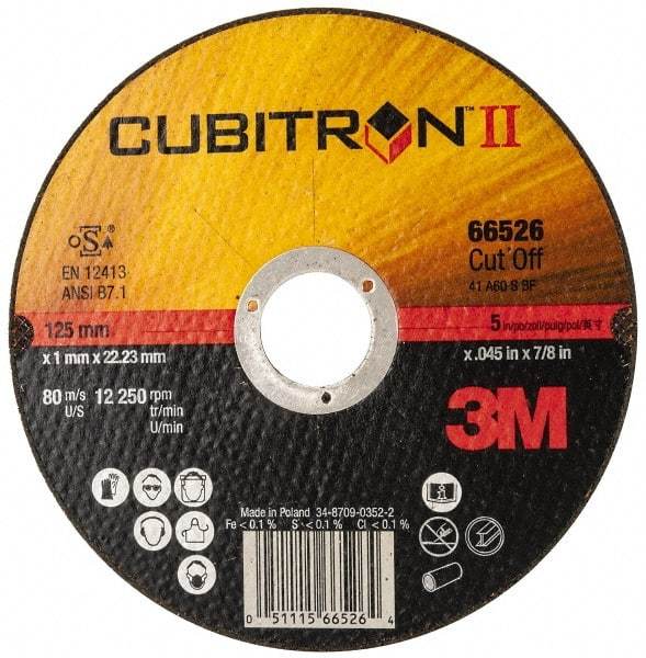 3M - 5" 60 Grit Ceramic Cutoff Wheel - 0.045" Thick, 7/8" Arbor, 12,250 Max RPM, Use with Angle Grinders - Benchmark Tooling