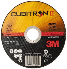 3M - 5" 60 Grit Ceramic Cutoff Wheel - 0.045" Thick, 7/8" Arbor, 12,250 Max RPM, Use with Angle Grinders - Benchmark Tooling