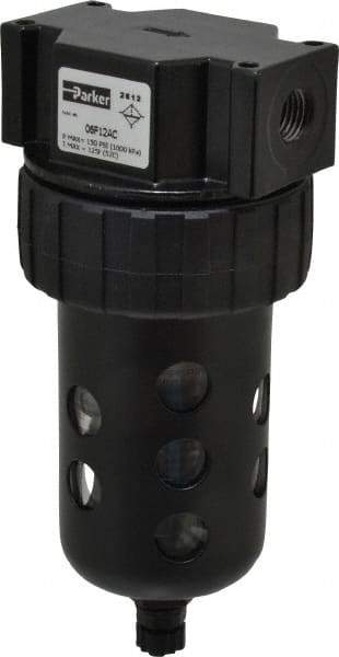 Parker - 1/4" Port, 6.22" High x 2.81" Wide Intermediate Filter with Polycarbonate Bowl, Manual Drain - 53 SCFM, 150 Max psi, 125°F Max Temp, Modular Connection, Bowl Guard, 4.4 oz Bowl Capacity - Benchmark Tooling