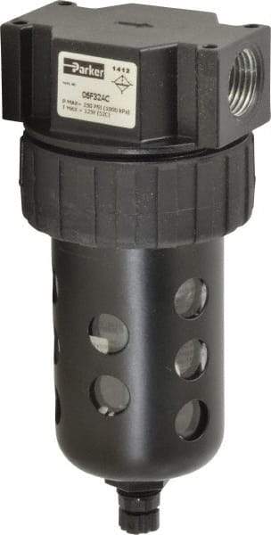 Parker - 1/2" Port, 6.22" High x 2.81" Wide Intermediate Filter with Polycarbonate Bowl, Manual Drain - 85 SCFM, 150 Max psi, 125°F Max Temp, Modular Connection, Bowl Guard, 4.4 oz Bowl Capacity - Benchmark Tooling