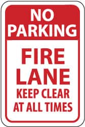 NMC - "No Parking - Fire Lane - Keep Clear at All Times", 12" Wide x 18" High, Aluminum Fire Lane Signs - 0.063" Thick, Red on White, Rectangle, Post Mount - Benchmark Tooling