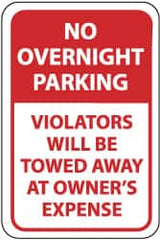 NMC - "No Overnight Parking - Violators Will Be Towed Away at Owner's Expense", 12" Wide x 18" High, Aluminum No Parking & Tow Away Signs - 0.063" Thick, Red on White, Rectangle, Post Mount - Benchmark Tooling