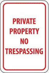 NMC - "Private Property - No Trespassing", 12" Wide x 18" High, Aluminum Parking Lot Traffic Signs - 0.04" Thick, Red on White, Rectangle, Post Mount - Benchmark Tooling