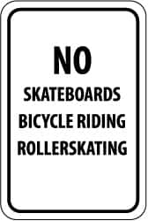 NMC - "No Skateboards Bicycle Riding Rollerskating", 12" Wide x 18" High, Aluminum Parking Lot Traffic Signs - 0.063" Thick, Black on White, Rectangle, Post Mount - Benchmark Tooling