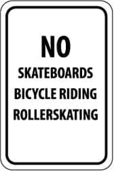 NMC - "No Skateboards Bicycle Riding Rollerskating", 12" Wide x 18" High, Aluminum Parking Lot Traffic Signs - 0.063" Thick, Black on White, Rectangle, Post Mount - Benchmark Tooling