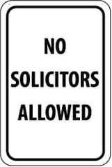 NMC - "No Solicitors Allowed", 12" Wide x 18" High, Aluminum Parking Lot Traffic Signs - 0.063" Thick, Black on White, Rectangle, Post Mount - Benchmark Tooling
