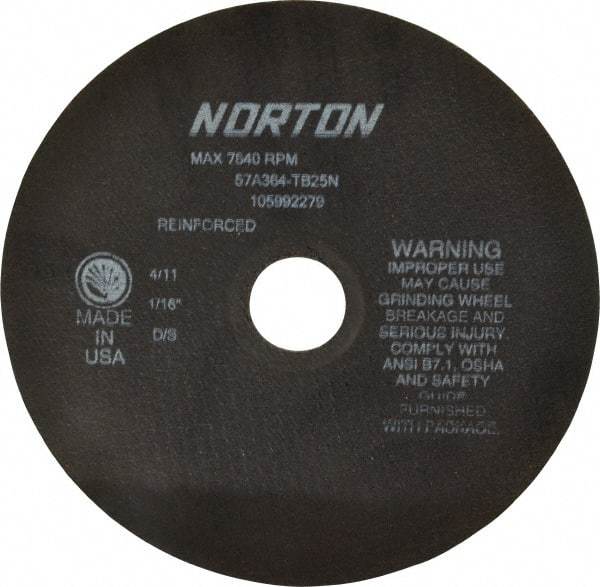 Norton - 8" 36 Grit Aluminum Oxide Cutoff Wheel - 1/16" Thick, 1-1/4" Arbor, 7,640 Max RPM, Use with Stationary Grinders - Benchmark Tooling