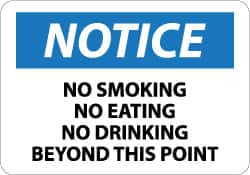 NMC - "Notice - No Smoking - No Eating - No Drinking Beyond This Area", 10" Long x 14" Wide, Pressure-Sensitive Vinyl Safety Sign - Rectangle, 0.004" Thick, Use for Accident Prevention - Benchmark Tooling