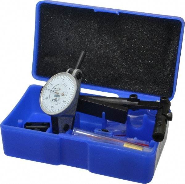 Fowler - 12 Piece, 0" to 0.06" Measuring Range, 1-1/2" Dial Diam, 0-15-0 Dial Reading, Horizontal White Dial Test Indicator Kit - 5/8" Contact Point Length, 0.04, 0.08 & 0.12" Ball Diam, 0.0005" Dial Graduation - Benchmark Tooling