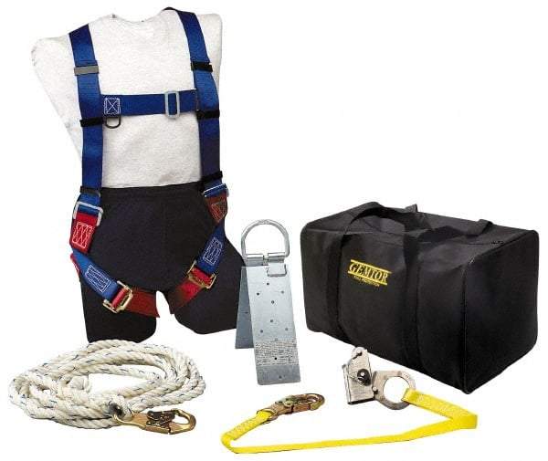 Gemtor - Universal Size, 300 Lb. Capacity, Polyester Roofer Fall Protection Kit - 3 Ft. Lanyard Long, Reusable Anchor, Blue, Red and Yellow - Benchmark Tooling
