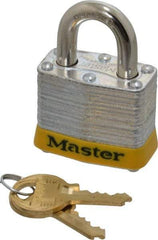 Master Lock - Keyed Different Retaining Key Conductive Lockout Padlock - 3/4" Shackle Clearance, 9/32" Shackle Diam, 1-1/4" Body Height x 1-9/16" Body Width, Yellow, 4 Pins - Benchmark Tooling