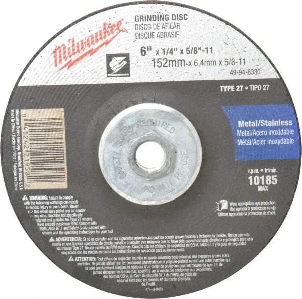 Milwaukee Tool - 24 Grit, 6" Wheel Diam, 1/4" Wheel Thickness, Type 27 Depressed Center Wheel - Aluminum Oxide, Resinoid Bond, R Hardness, 10,185 Max RPM, Compatible with Angle Grinder - Benchmark Tooling