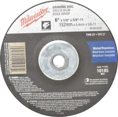 Milwaukee Tool - 24 Grit, 6" Wheel Diam, 1/4" Wheel Thickness, Type 27 Depressed Center Wheel - Aluminum Oxide, Resinoid Bond, R Hardness, 10,185 Max RPM, Compatible with Angle Grinder - Benchmark Tooling