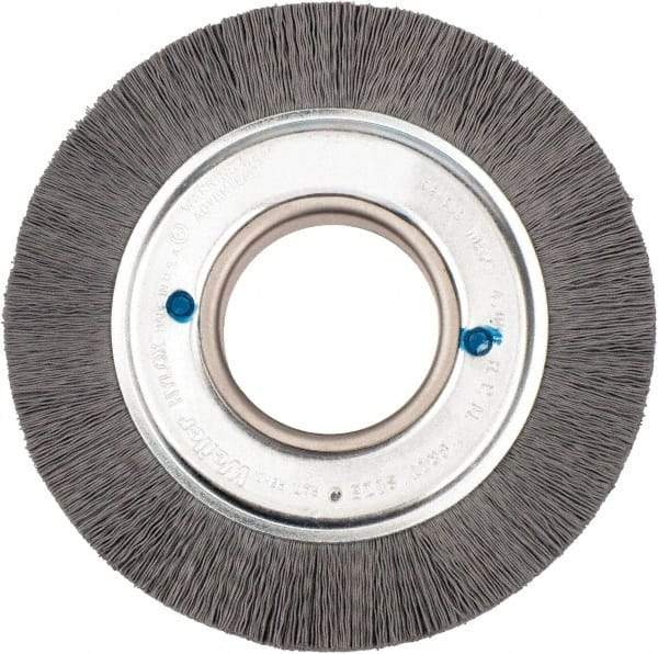 Weiler - 6" OD, 2" Arbor Hole, Crimped Nylon Wheel Brush - 1" Face Width, 1-1/4" Trim Length, 0.018" Filament Diam, 3,600 RPM - Benchmark Tooling