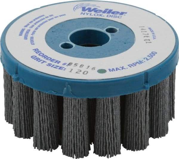 Weiler - 4" 120 Grit Silicon Carbide Crimped Disc Brush - Fine Grade, Plain Hole Connector, 1-1/2" Trim Length, 7/8" Arbor Hole - Benchmark Tooling