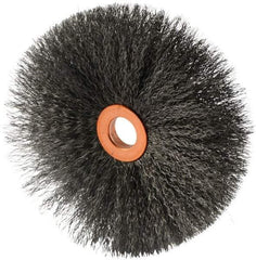 Weiler - 4" OD, 1/2" Arbor Hole, Crimped Steel Wheel Brush - 1/2" Face Width, 1-1/2" Trim Length, 0.006" Filament Diam, 20,000 RPM - Benchmark Tooling