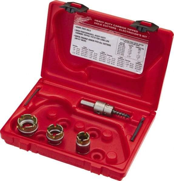 Milwaukee Tool - 5 Piece, 7/8" to 1-3/8" Saw Diam, Electrician's Hole Saw Kit - Carbide-Tipped, Gulleted Edge, Pilot Drill Model No. 49-57-0035, 49-57-0038, Includes 3 Hole Saws - Benchmark Tooling