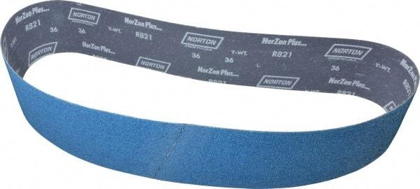 Norton - 4" Wide x 54" OAL, 36 Grit, Zirconia Alumina Abrasive Belt - Zirconia Alumina, Very Coarse, Coated, Y Weighted Cloth Backing, Series R821 - Benchmark Tooling