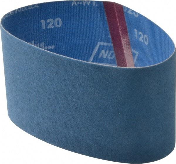 Norton - 3-1/2" Wide x 15-1/2" OAL, 120 Grit, Zirconia Alumina Abrasive Belt - Zirconia Alumina, Fine, Coated, Y Weighted Cloth Backing, Series R823 - Benchmark Tooling