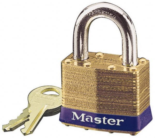 Master Lock - 15/16" Shackle Clearance, Keyed Different Laminated Brass Padlock - 5/16" Shackle Diam, Brass - Benchmark Tooling