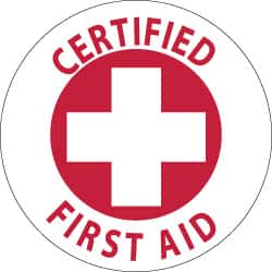 NMC - Certified First Aid, Hard Hat Label - Red on White, 2" Thick, For Accident Prevention - Benchmark Tooling